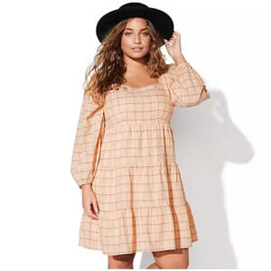 Vylette Tiered Plaid babydoll dress Cotton Linen Blend Medium puff balloon sleev